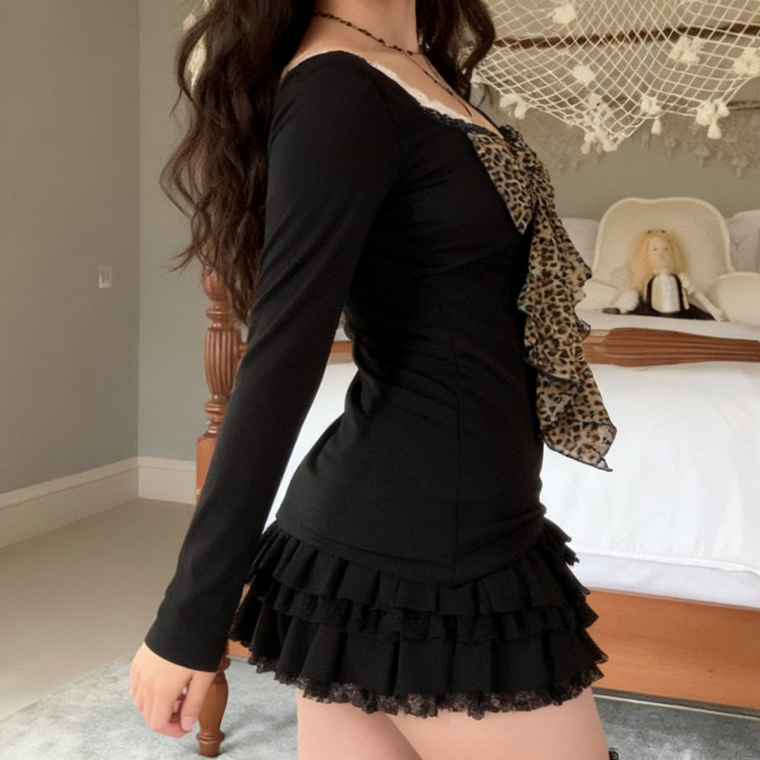 Long sleeve bowknot leopard print v neck top  | Festival Outfits Women  | Cheetah Print Top