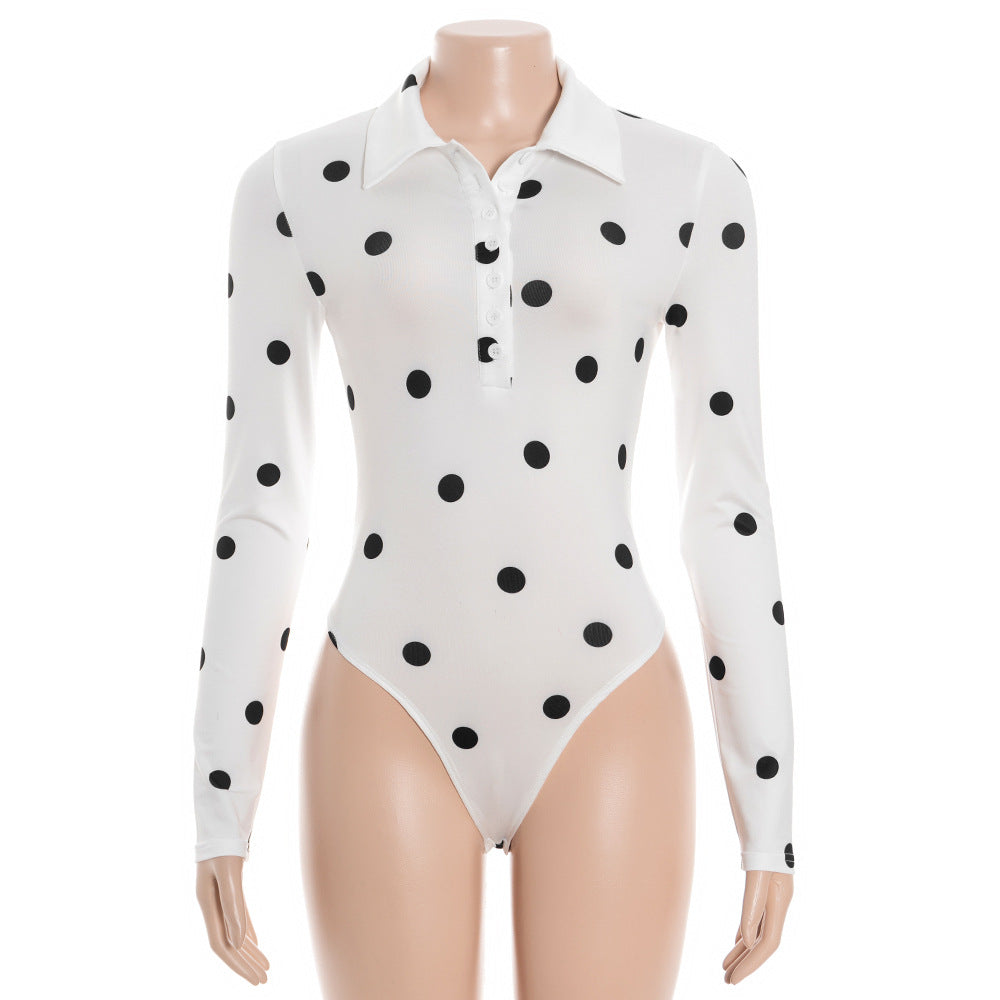 Polka dot long sleeve turnover collar button bodysuit  | Festival Outfits Women