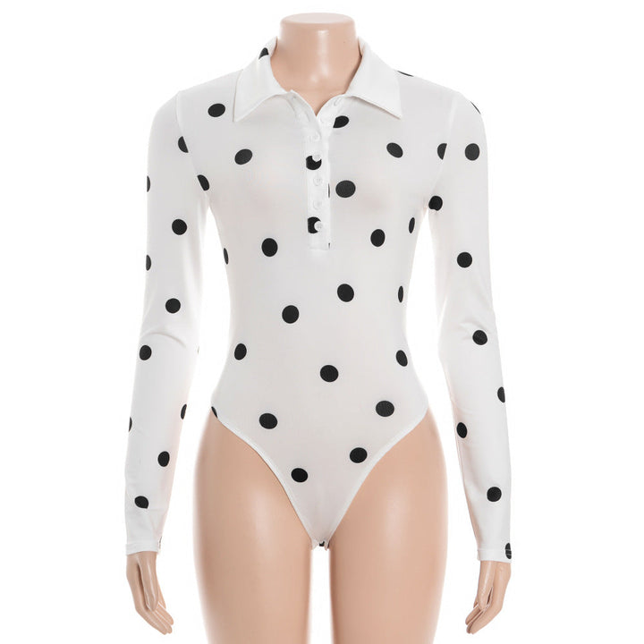 Polka dot long sleeve turnover collar button bodysuit  | Festival Outfits Women