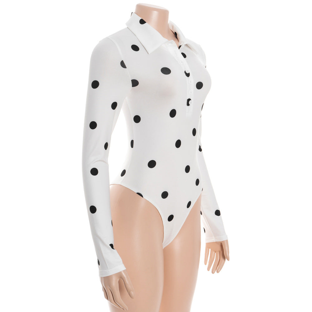 Polka dot long sleeve turnover collar button bodysuit  | Festival Outfits Women