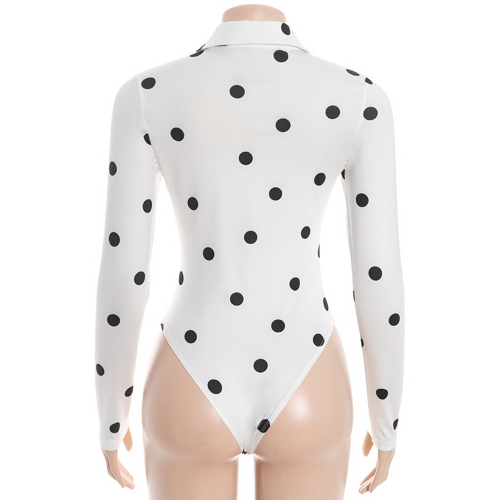 Polka dot long sleeve turnover collar button bodysuit  | Festival Outfits Women