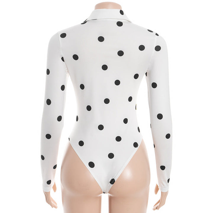 Polka dot long sleeve turnover collar button bodysuit  | Festival Outfits Women