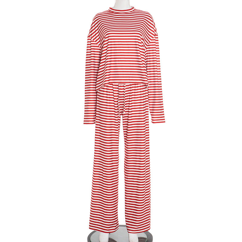 Striped print crewneck drawstring medium rise pant set  | Festival Outfits Women