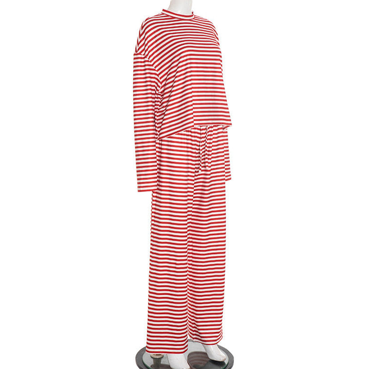 Striped print crewneck drawstring medium rise pant set  | Festival Outfits Women