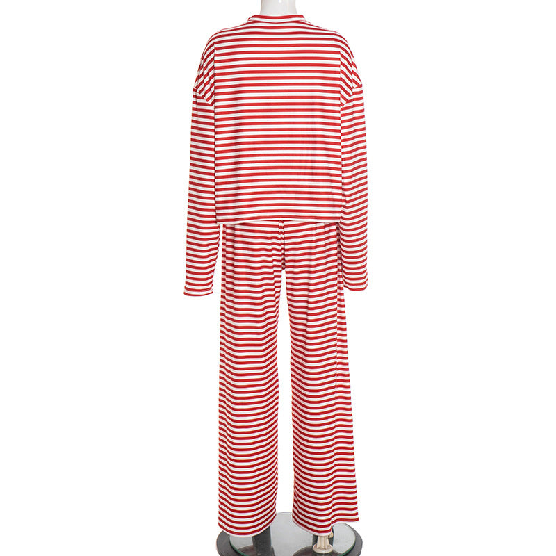 Striped print crewneck drawstring medium rise pant set  | Festival Outfits Women