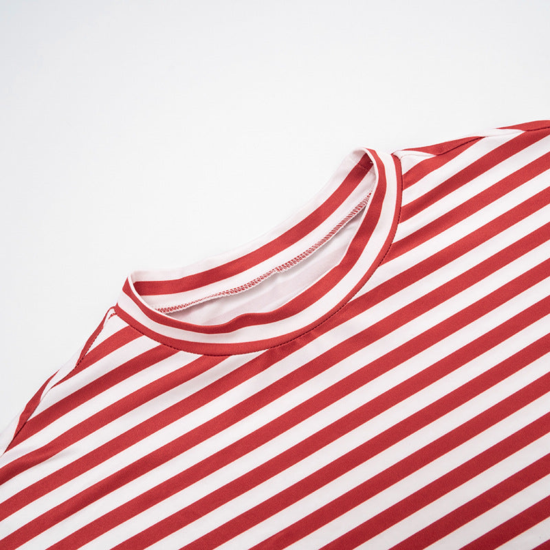 Striped print crewneck drawstring medium rise pant set  | Festival Outfits Women