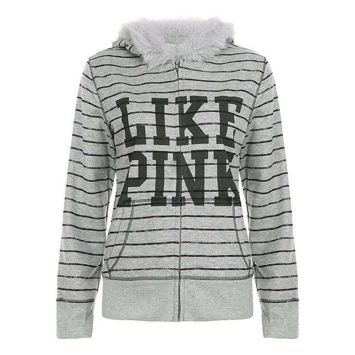 Hoodie fluffy long sleeve zip-up "LIKE PINK" pattern top  | Festival Outfits Women