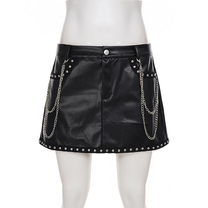 Metal chain zip-up PU leather pocket mini skirt Cargo Mini Skirt  | Festival Outfits Women