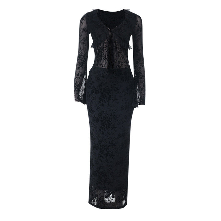 Long sleeve v neck lace self tie ruffle maxi skirt set  | Festival Outfits Women