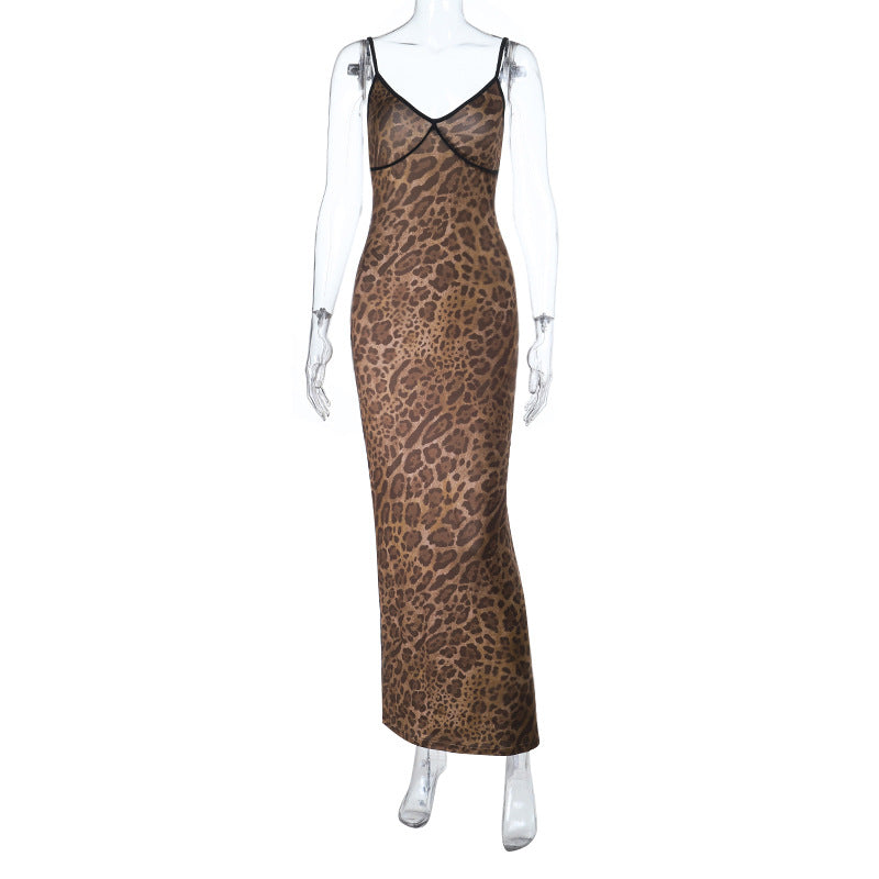 Leopard print v neck backless cami maxi dress  | Festival Outfits Women