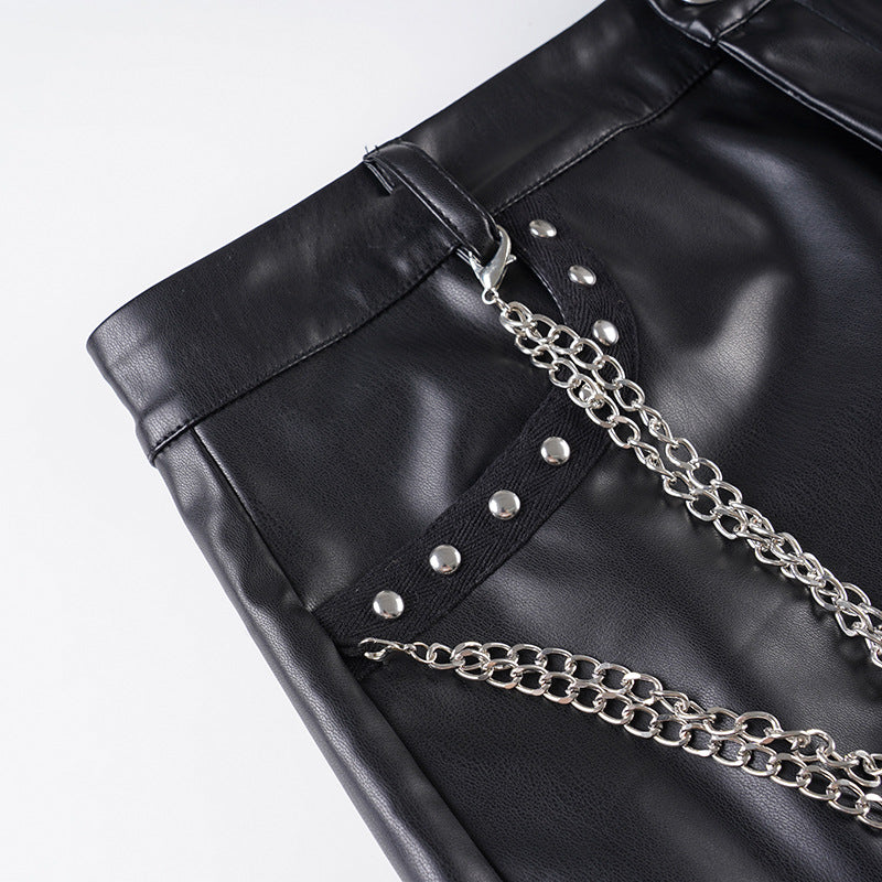 Metal chain zip-up PU leather pocket mini skirt Cargo Mini Skirt  | Festival Outfits Women