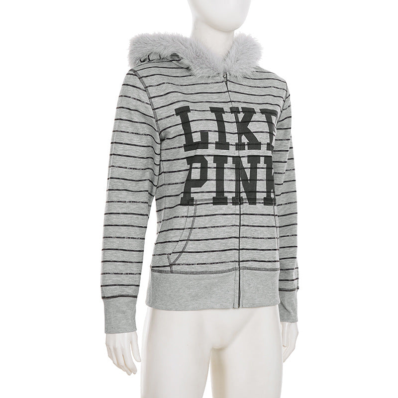 Hoodie fluffy long sleeve zip-up "LIKE PINK" pattern top  | Festival Outfits Women