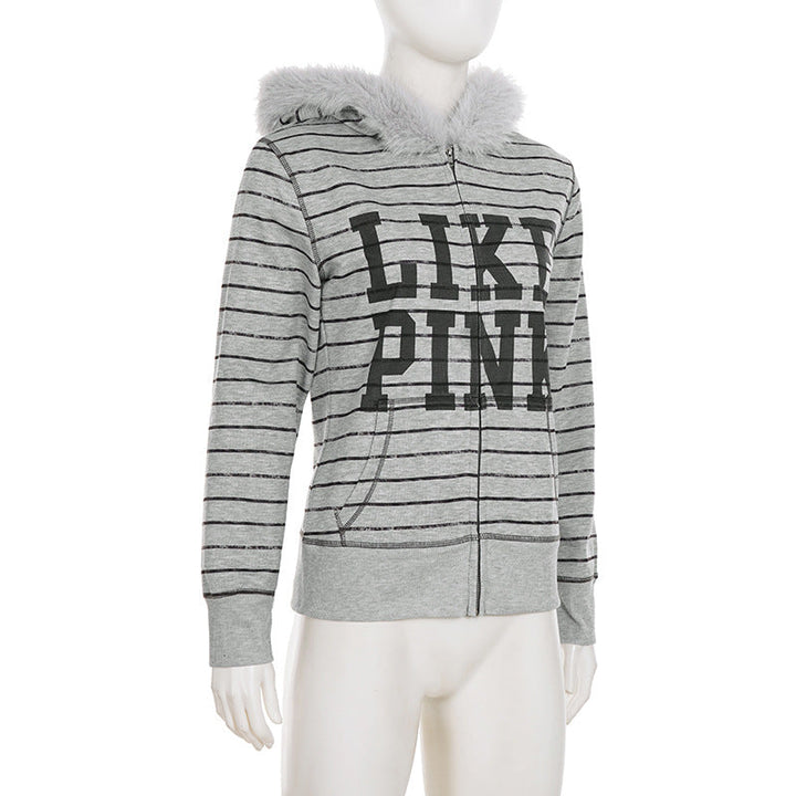 Hoodie fluffy long sleeve zip-up "LIKE PINK" pattern top  | Festival Outfits Women