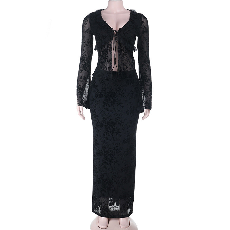 Long sleeve v neck lace self tie ruffle maxi skirt set  | Festival Outfits Women