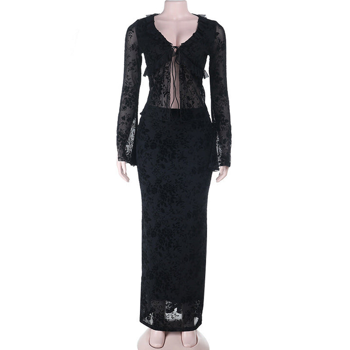 Long sleeve v neck lace self tie ruffle maxi skirt set  | Festival Outfits Women