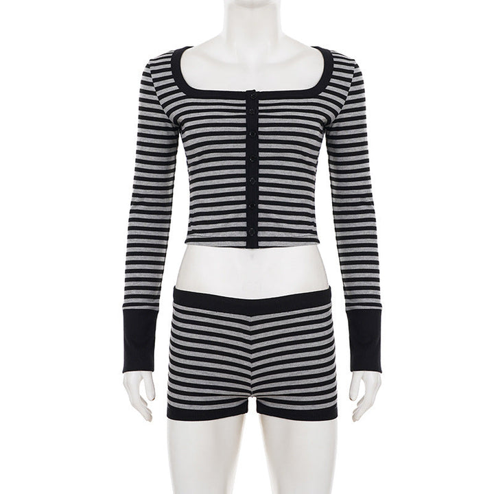 Long sleeve striped square neck low rise pant set  | Festival Outfits Women