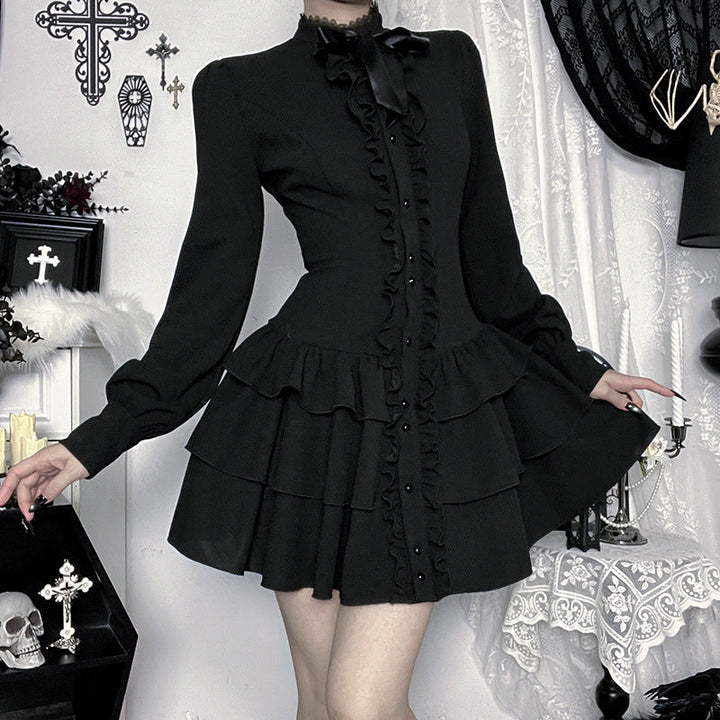 Bowknot long sleeve ruffle solid mini dress  | Festival Outfits Women