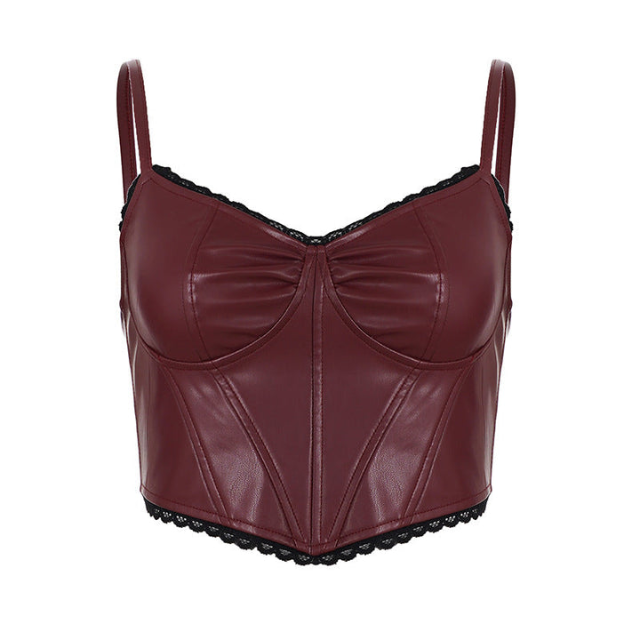 Lace hem v neck zip-up PU leather cami top  | Festival Outfits Women