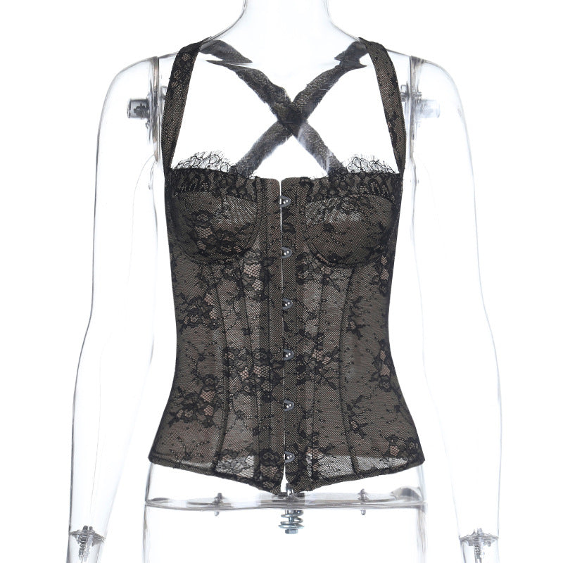 Cross back lace button backless cami top  | Festival Outfits Women