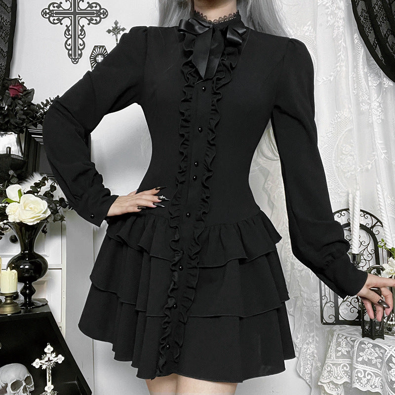 Bowknot long sleeve ruffle solid mini dress  | Festival Outfits Women