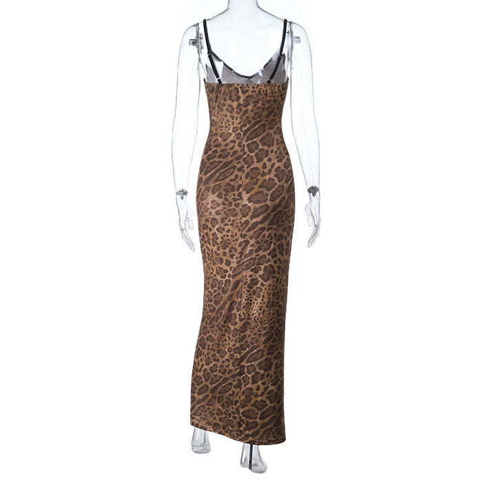 Leopard print v neck backless cami maxi dress  | Festival Outfits Women