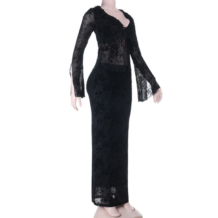 Long sleeve v neck lace self tie ruffle maxi skirt set  | Festival Outfits Women