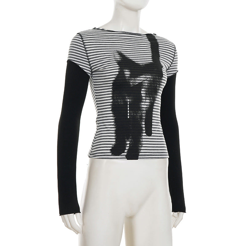 Striped long sleeve kitty pattern stitch top  | Festival Outfits Women