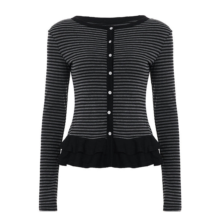 Crewneck button long sleeve ruffle striped top  | Festival Outfits Women