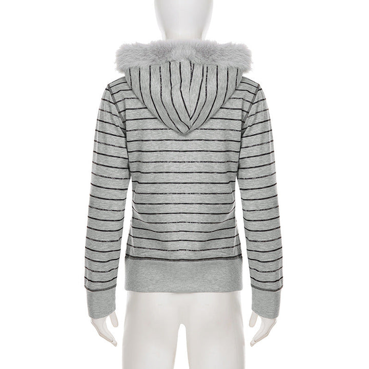 Hoodie fluffy long sleeve zip-up "LIKE PINK" pattern top  | Festival Outfits Women
