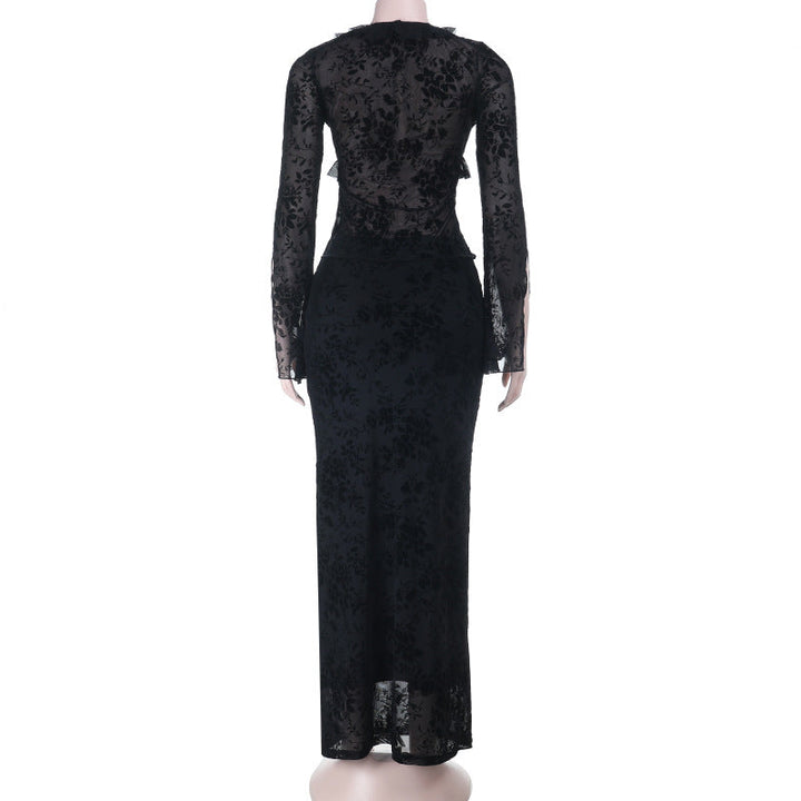 Long sleeve v neck lace self tie ruffle maxi skirt set  | Festival Outfits Women
