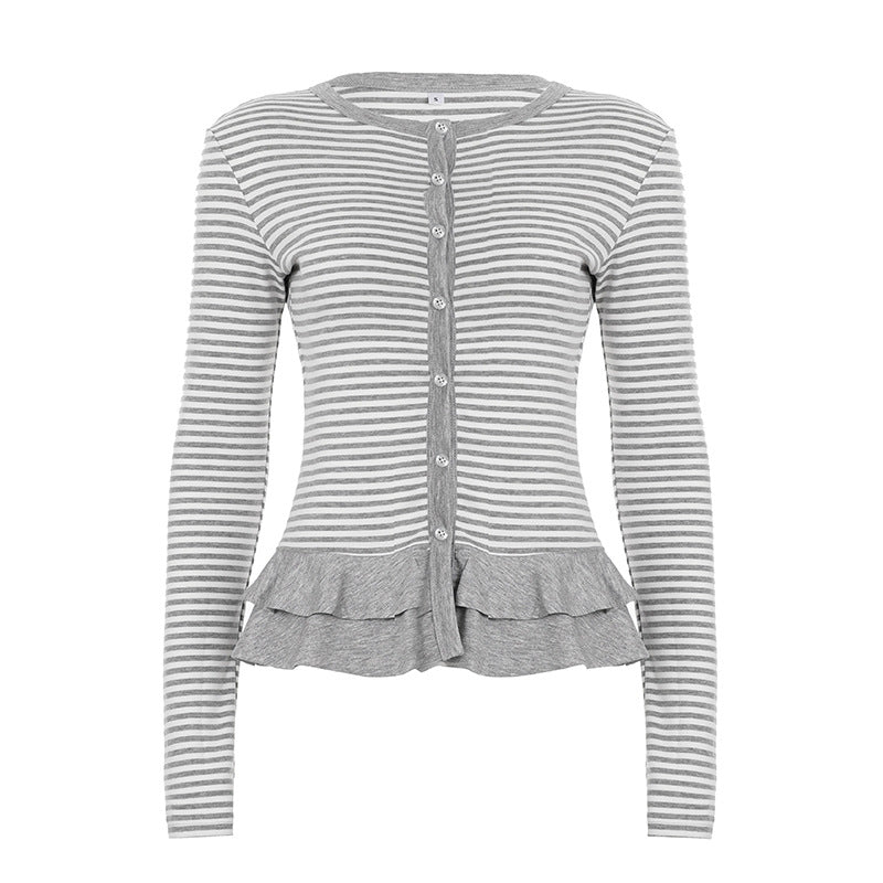 Crewneck button long sleeve ruffle striped top  | Festival Outfits Women