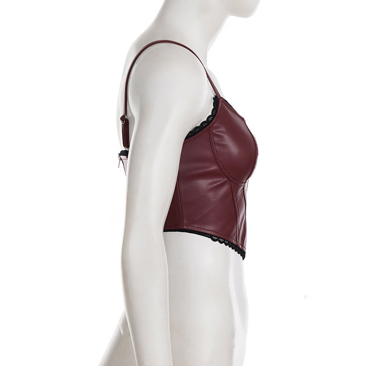 Lace hem v neck zip-up PU leather cami top  | Festival Outfits Women