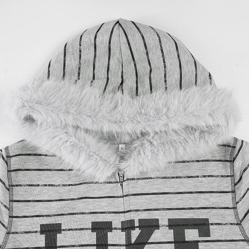 Hoodie fluffy long sleeve zip-up "LIKE PINK" pattern top  | Festival Outfits Women