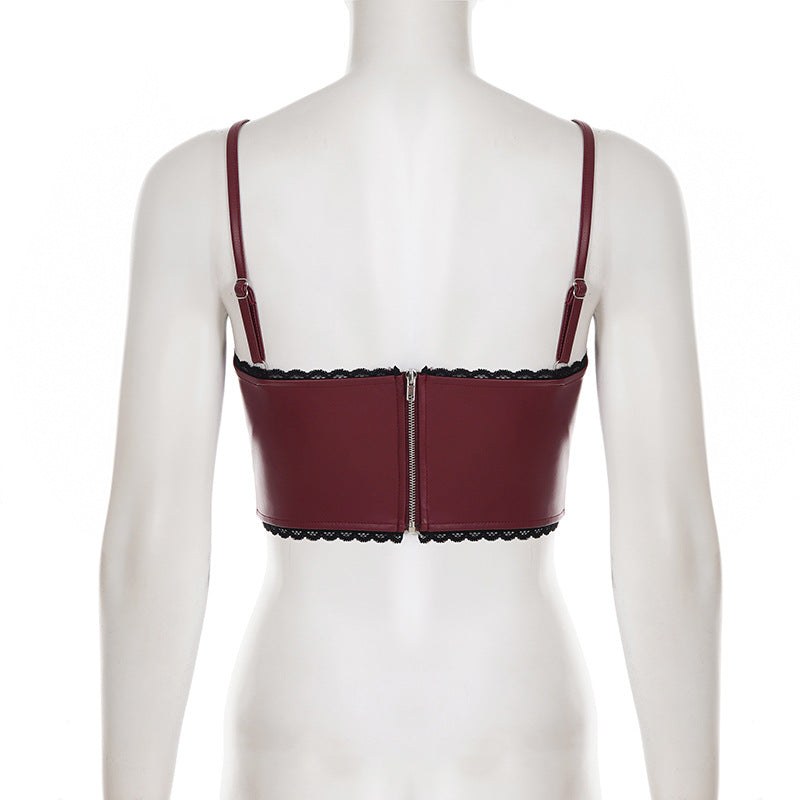 Lace hem v neck zip-up PU leather cami top  | Festival Outfits Women