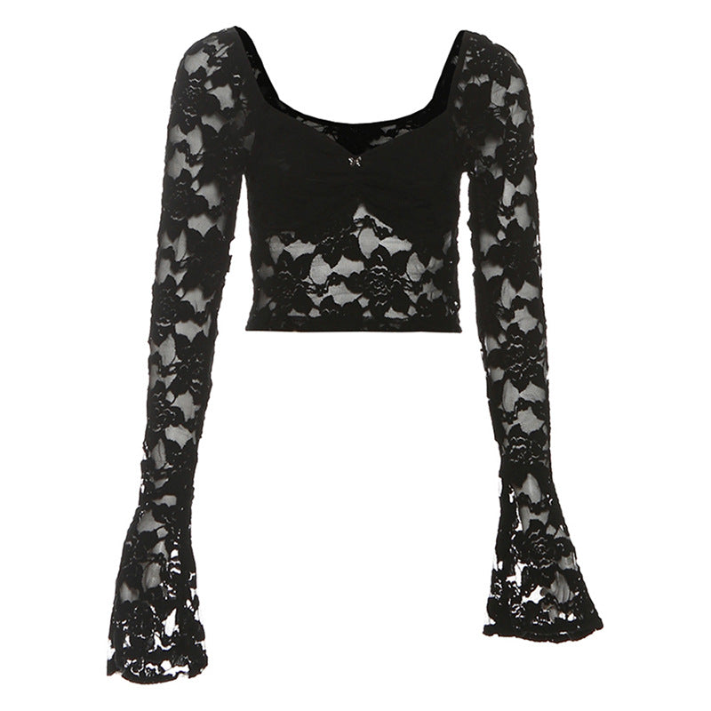 Long flared sleeve lace ruched crop top  | Festival Outfits Women