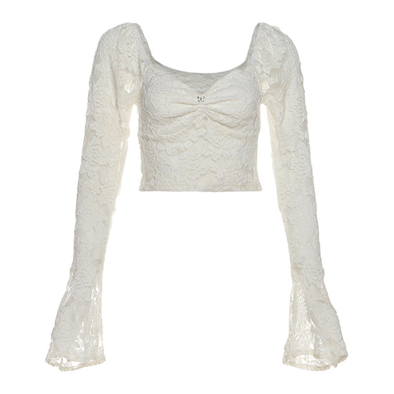 Long flared sleeve lace ruched crop top  | Festival Outfits Women