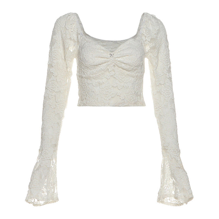 Long flared sleeve lace ruched crop top  | Festival Outfits Women