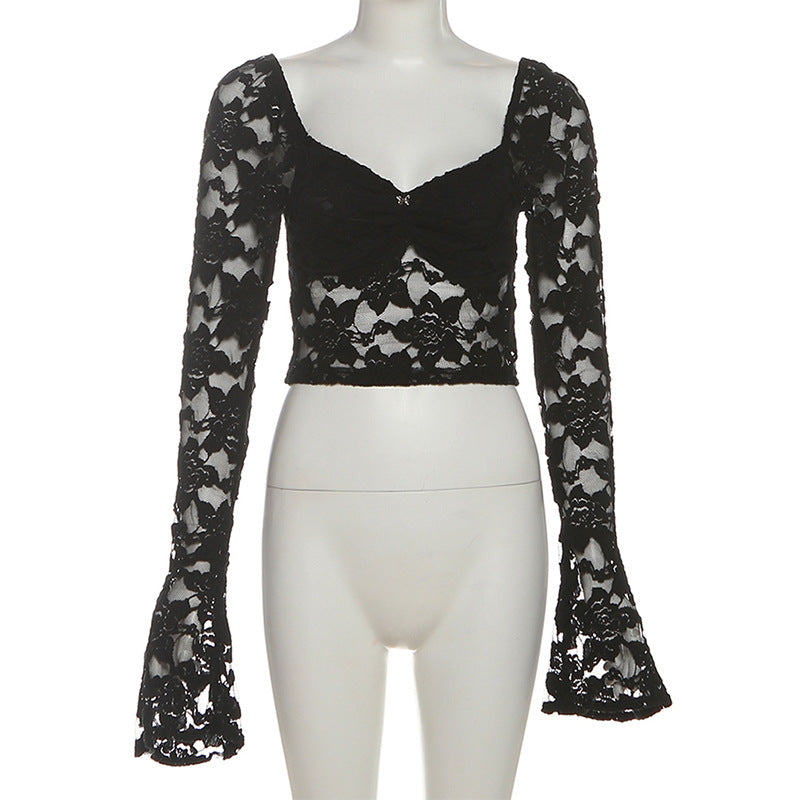 Long flared sleeve lace ruched crop top  | Festival Outfits Women