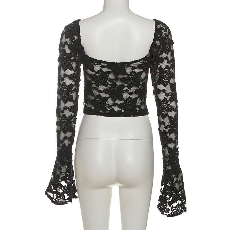 Long flared sleeve lace ruched crop top  | Festival Outfits Women