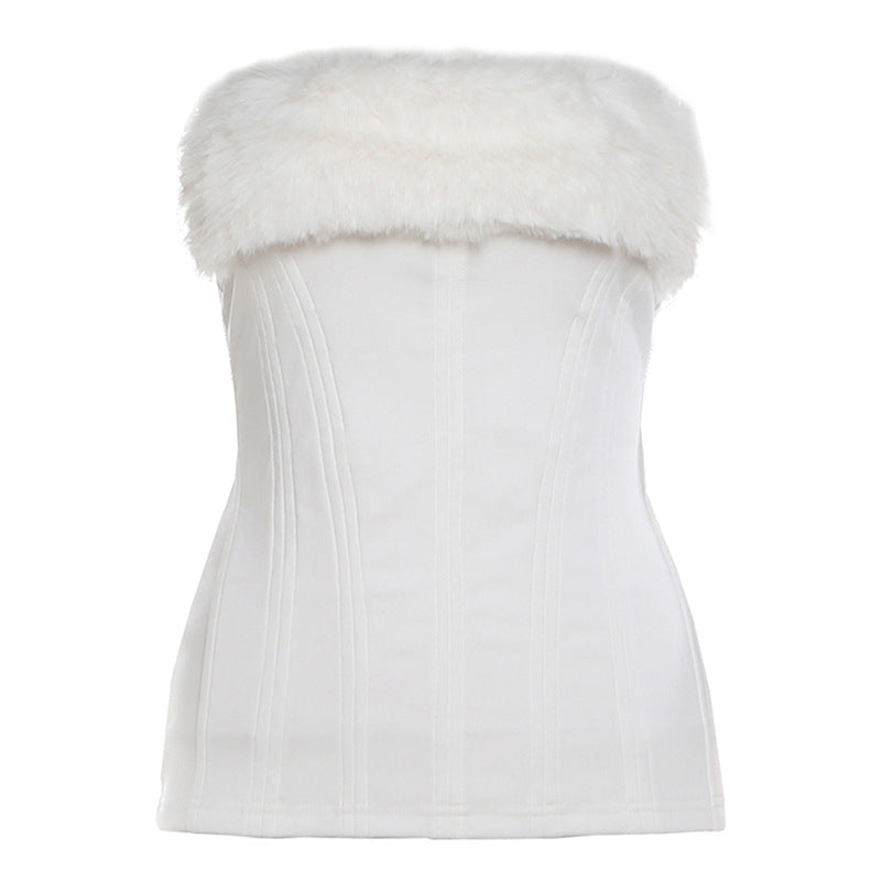 Fluffy patchwork backless tube top  | Festival Outfits Women