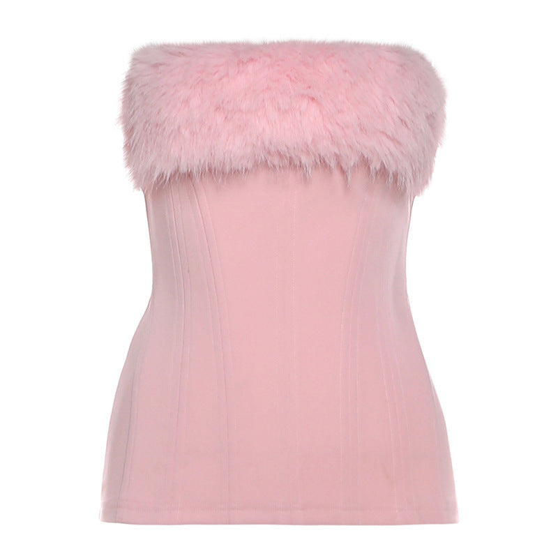 Fluffy patchwork backless tube top  | Festival Outfits Women