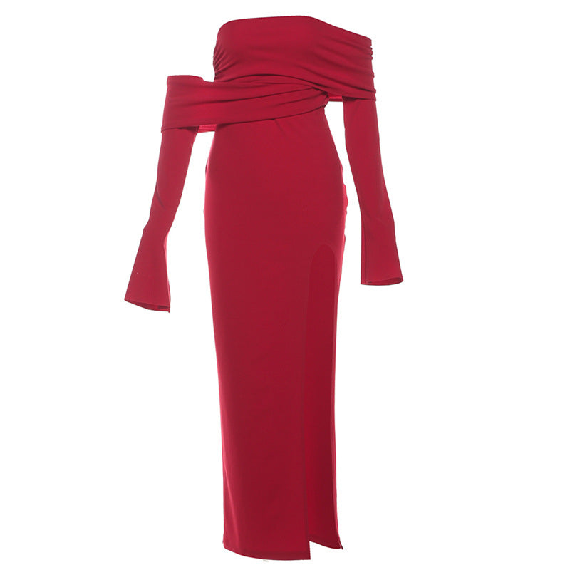 Off shoulder high slit ruched maxi dress  | Festival Outfits Women