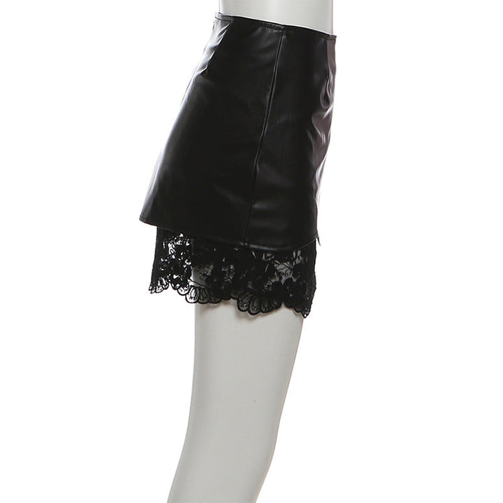 PU leather lace hem zip-up mini skirt Cargo Mini Skirt  | Festival Outfits Women