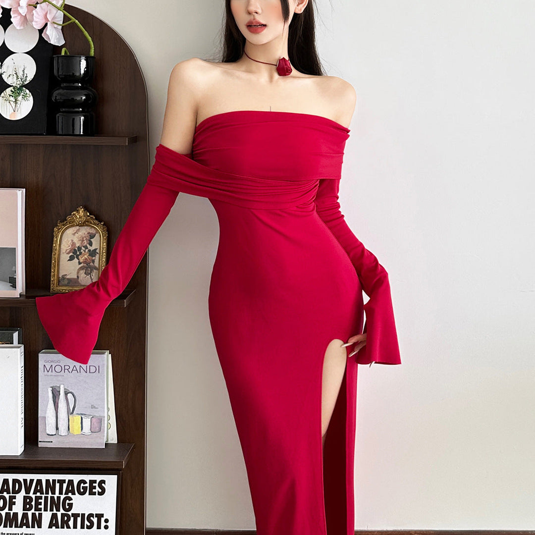 Off shoulder high slit ruched maxi dress  | Festival Outfits Women