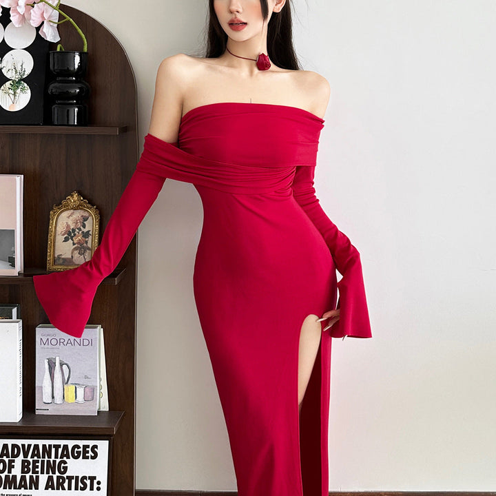 Off shoulder high slit ruched maxi dress  | Festival Outfits Women