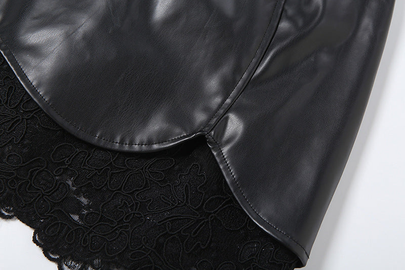 PU leather lace hem zip-up mini skirt Cargo Mini Skirt  | Festival Outfits Women