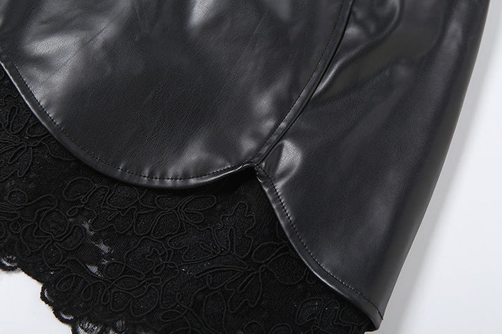 PU leather lace hem zip-up mini skirt Cargo Mini Skirt  | Festival Outfits Women