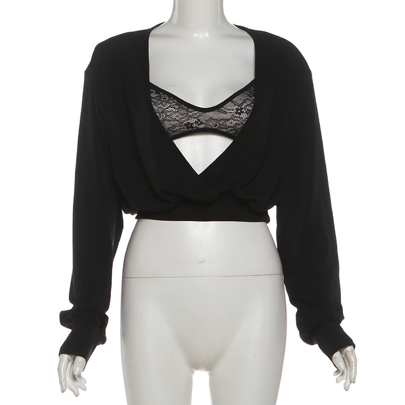 Long sleeve lace v neck cami crop 2 piece top  | Festival Outfits Women