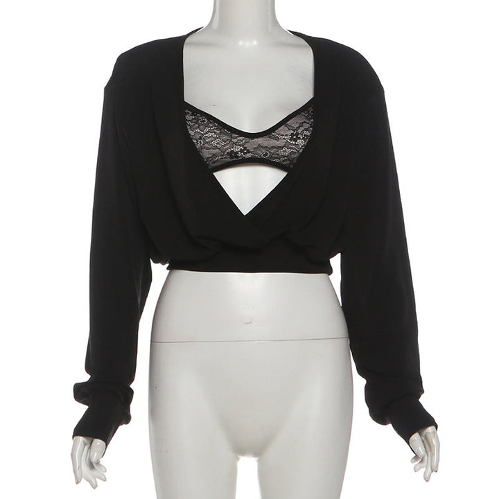 Long sleeve lace v neck cami crop 2 piece top  | Festival Outfits Women