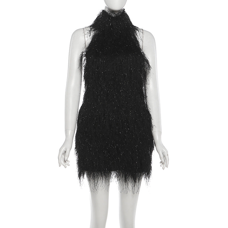 Halter tassels backless solid mini dress  | Festival Outfits Women